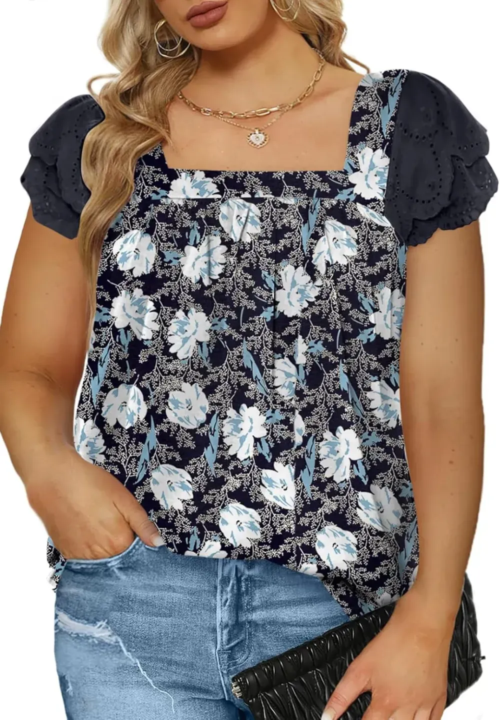 Eytino Womens Plus Size Tops Ruffle Short Sleeve Square Neck Summer Loose Casual Tee Shirts(1X-5X)