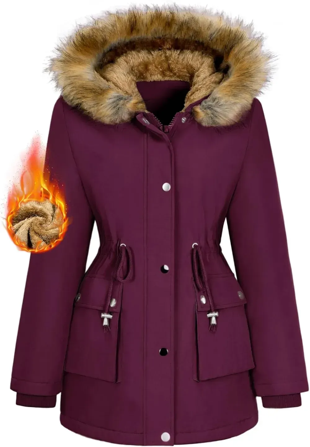 Women Winter Coats Fleece Lined Parka Jackets Hooded Warm Thicken Coat With Pockets and Fur Hood Trendy Overcoat