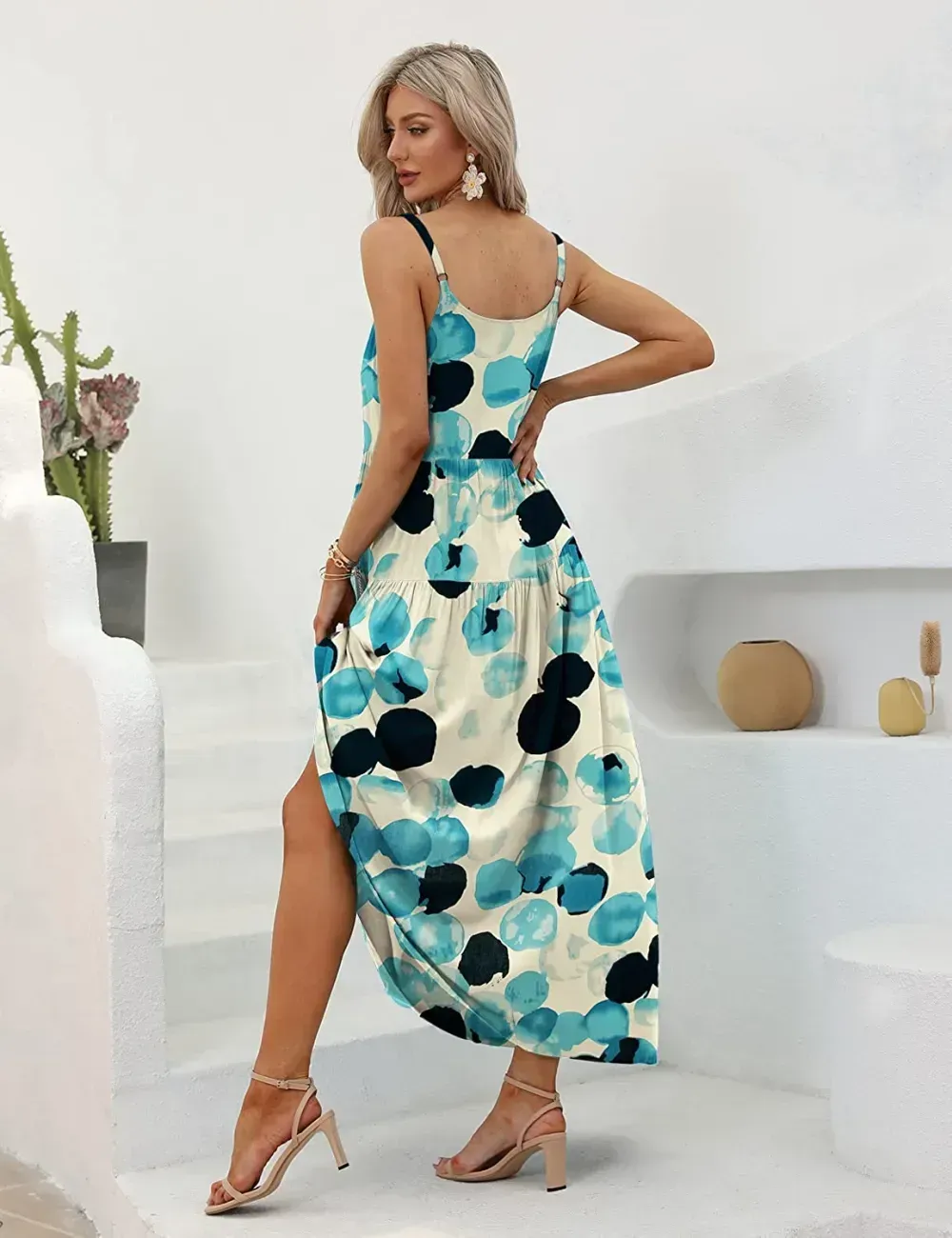 Summer Dresses for Women Casual Loose Bohemian Floral Dress with Pockets Spaghetti Strap Maxi Dress E75