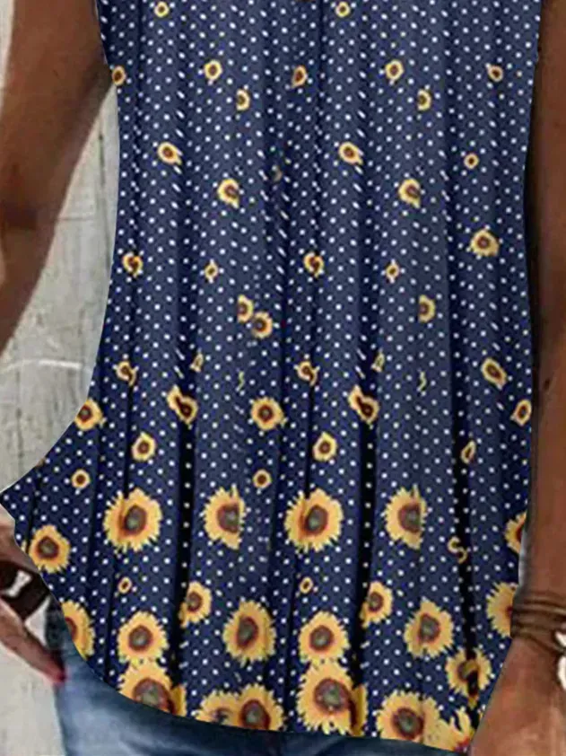 Women Sleeveless V-neck Floral Printed Polka Dot Tops