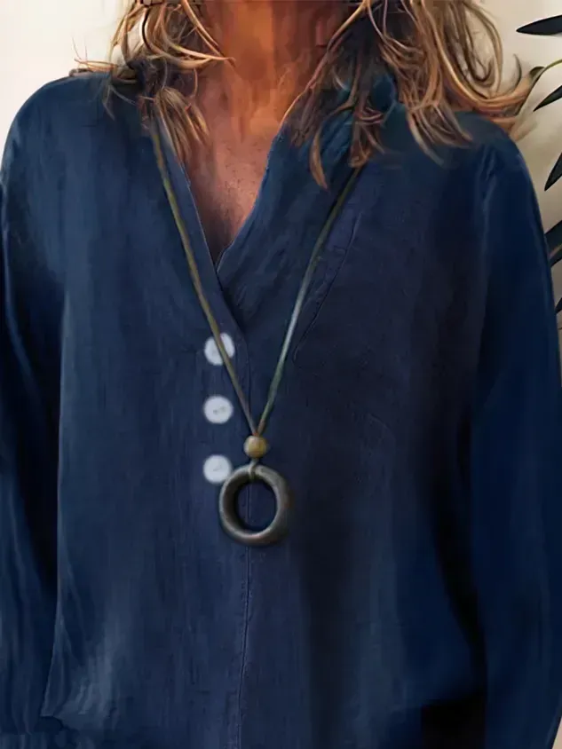 Solid Loosen Casual Cotton V Neck Top