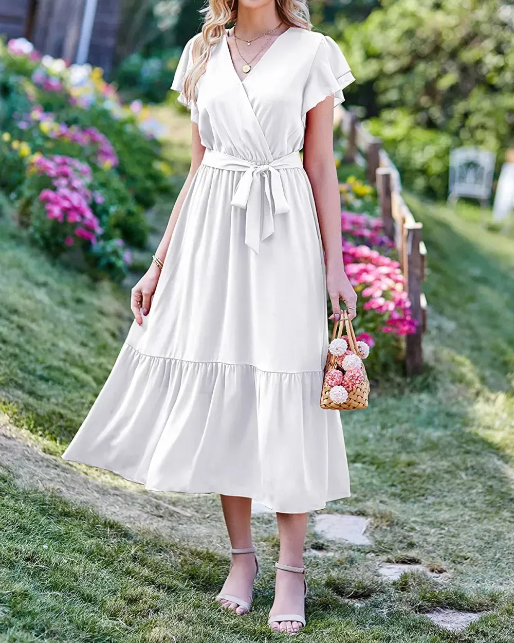 Women Summer Bohemian Floral Casual Wrap V Neck Ruffle Cap Sleeveless Belt A-Line Pleated Hem Swing Midi Sun Dress