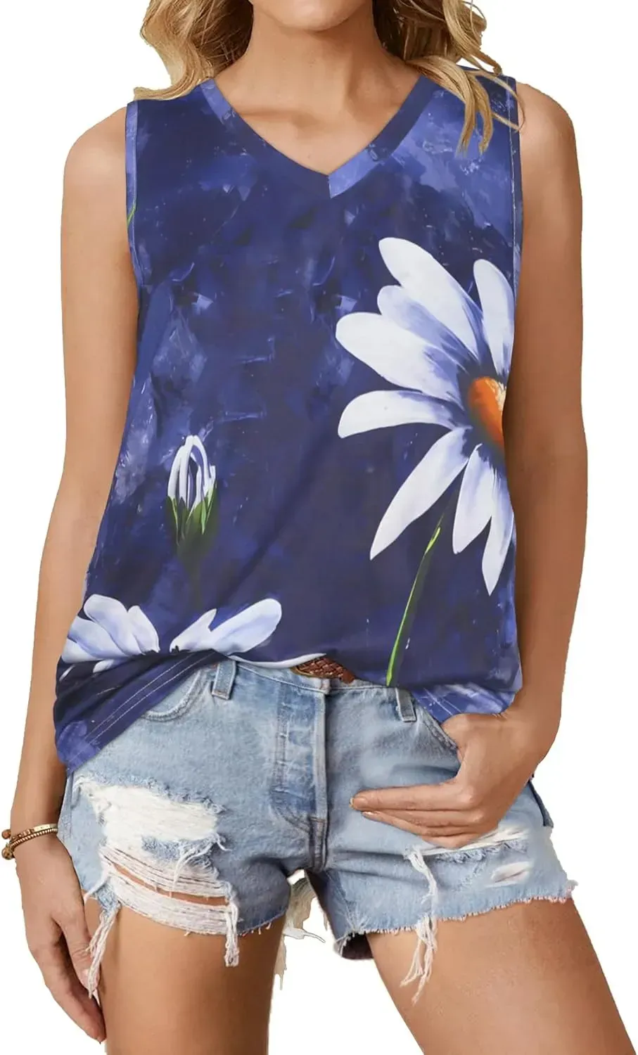 Summer Tops for Women Sleeveless V Neck Tshirt Loose Fit Casual Tank Tunic Blouse