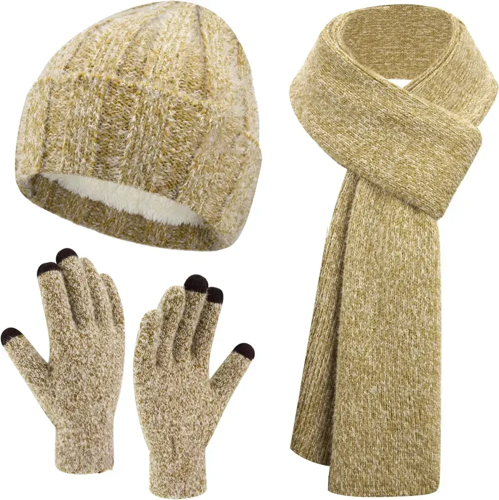 Womens Winter Warm Knit Beanie Hat Touchscreen Gloves Long Scarf Set with Fleece Lined Skull Caps Neck Scarves for Women Men