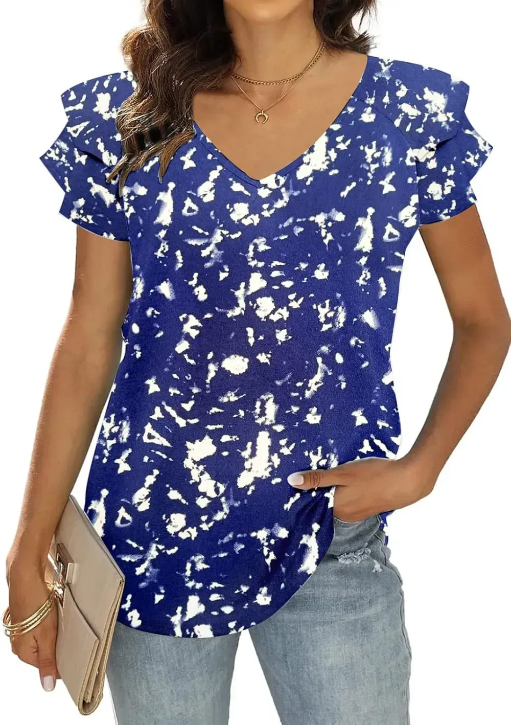 T&Twenties Womens Summer Tops Ruffle Short Sleeve Tunic Tops V Neck Loose Fit Flowy T-Shirts