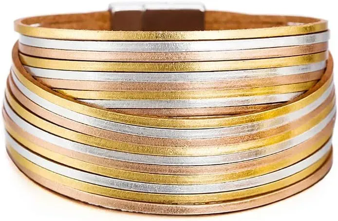 Fesciory Leather Wrap Bracelets for Women, Boho Leopard Multi-Layer Crystal Beads Cuff Bracelet Jewelry