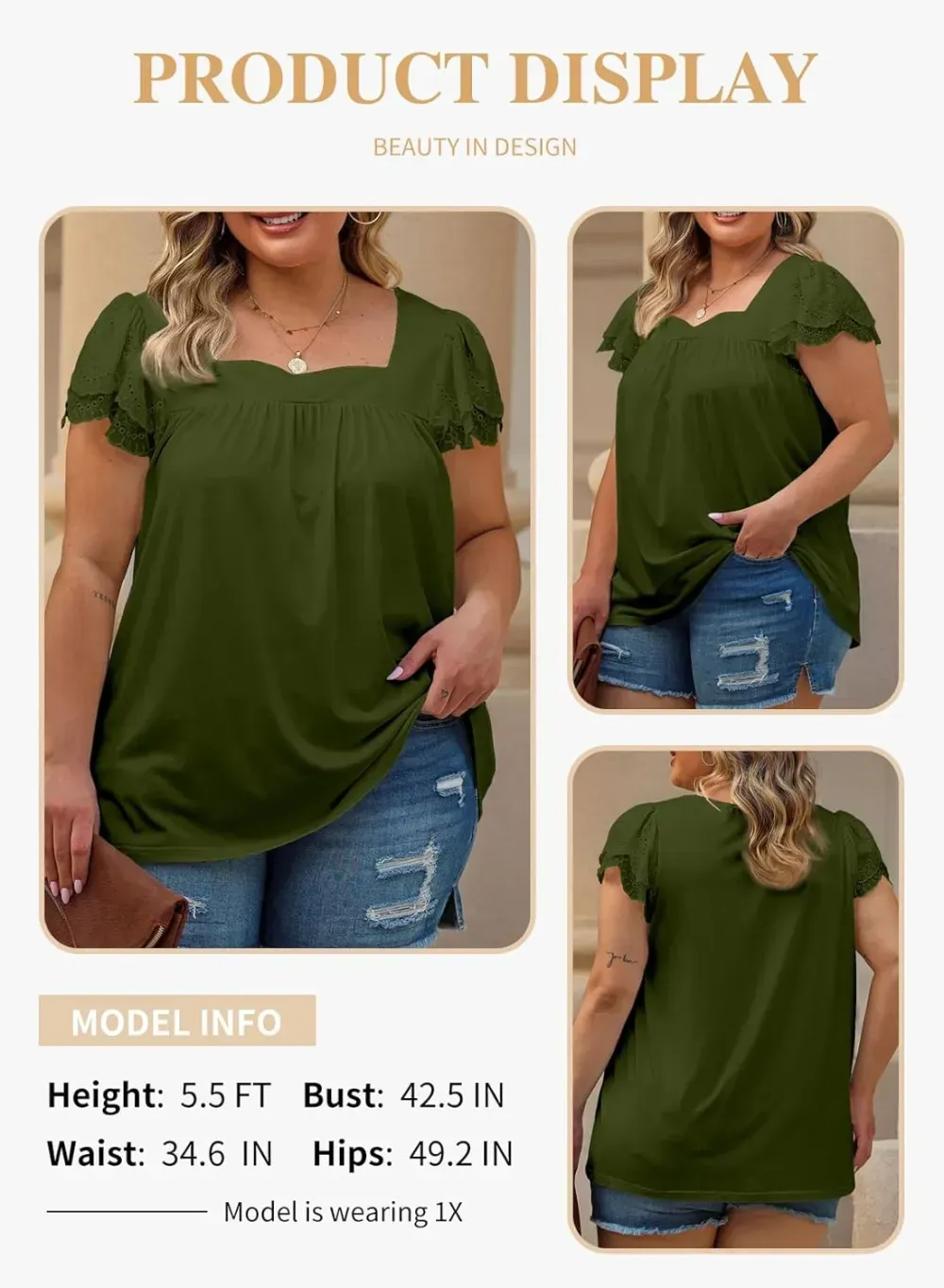 Eytino Womens Plus Size Tops Ruffle Short Sleeve Square Neck Summer Loose Casual Tee Shirts(1X-5X)