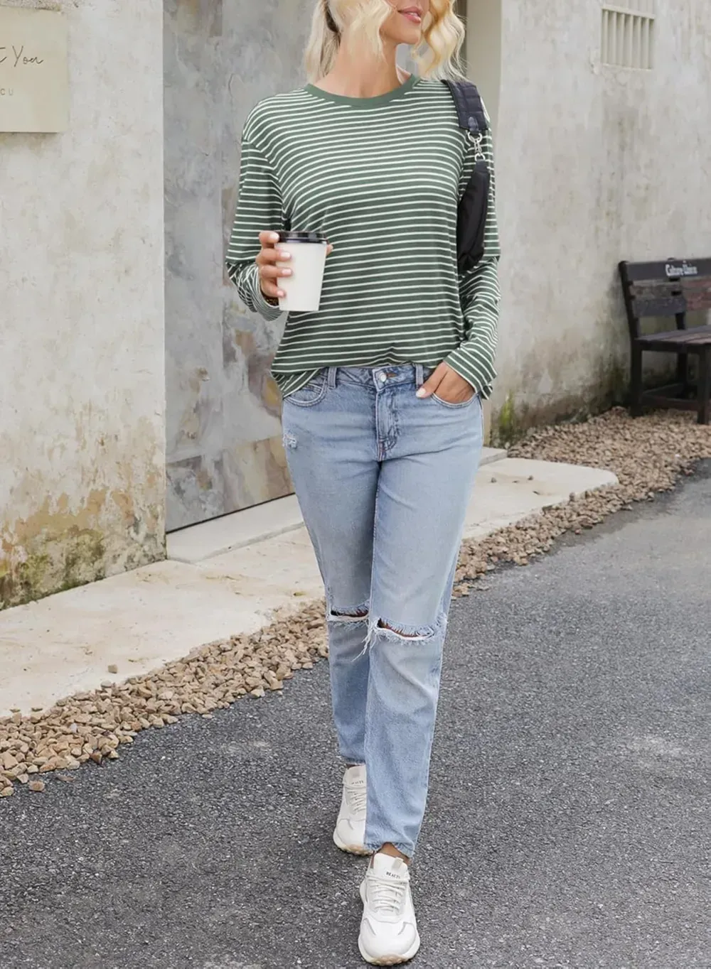 Dokotoo Women's Casual Striped Long Sleeve Tops Crew Neck Knit Ribbed Basic T Shirts