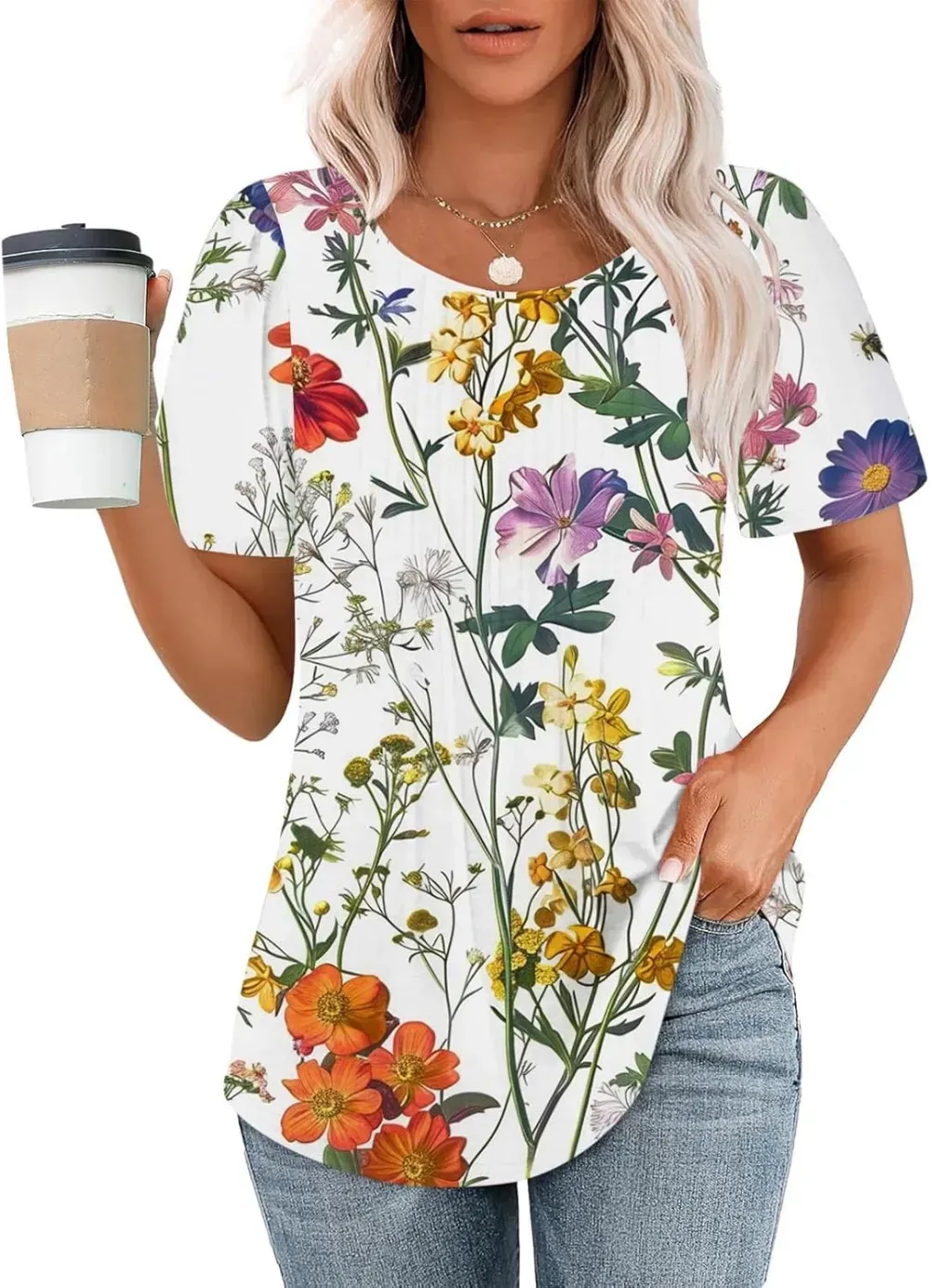 Womens Summer Pleated Front Shirts Tunics Casual Short Sleeved Loose Round Neck Boho Printed Tops Vacation Blouse