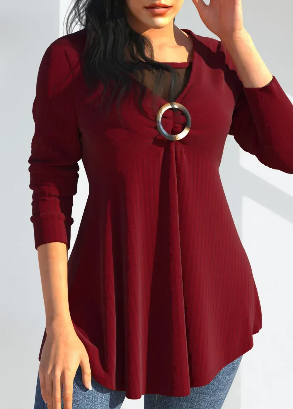 Mesh Stitching Long Sleeve Wine Red T Shirt