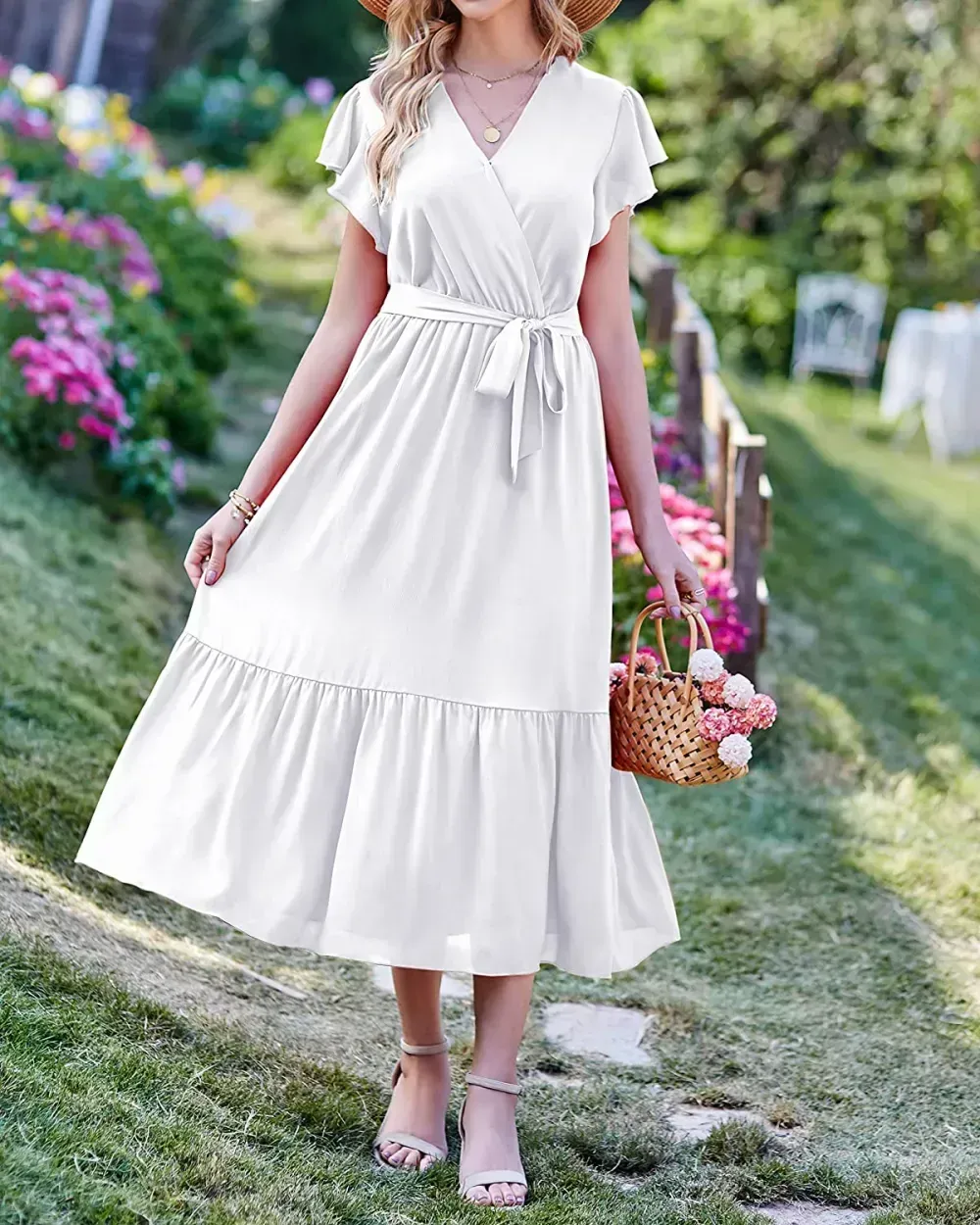 Women Summer Bohemian Floral Casual Wrap V Neck Ruffle Cap Sleeveless Belt A-Line Pleated Hem Swing Midi Sun Dress