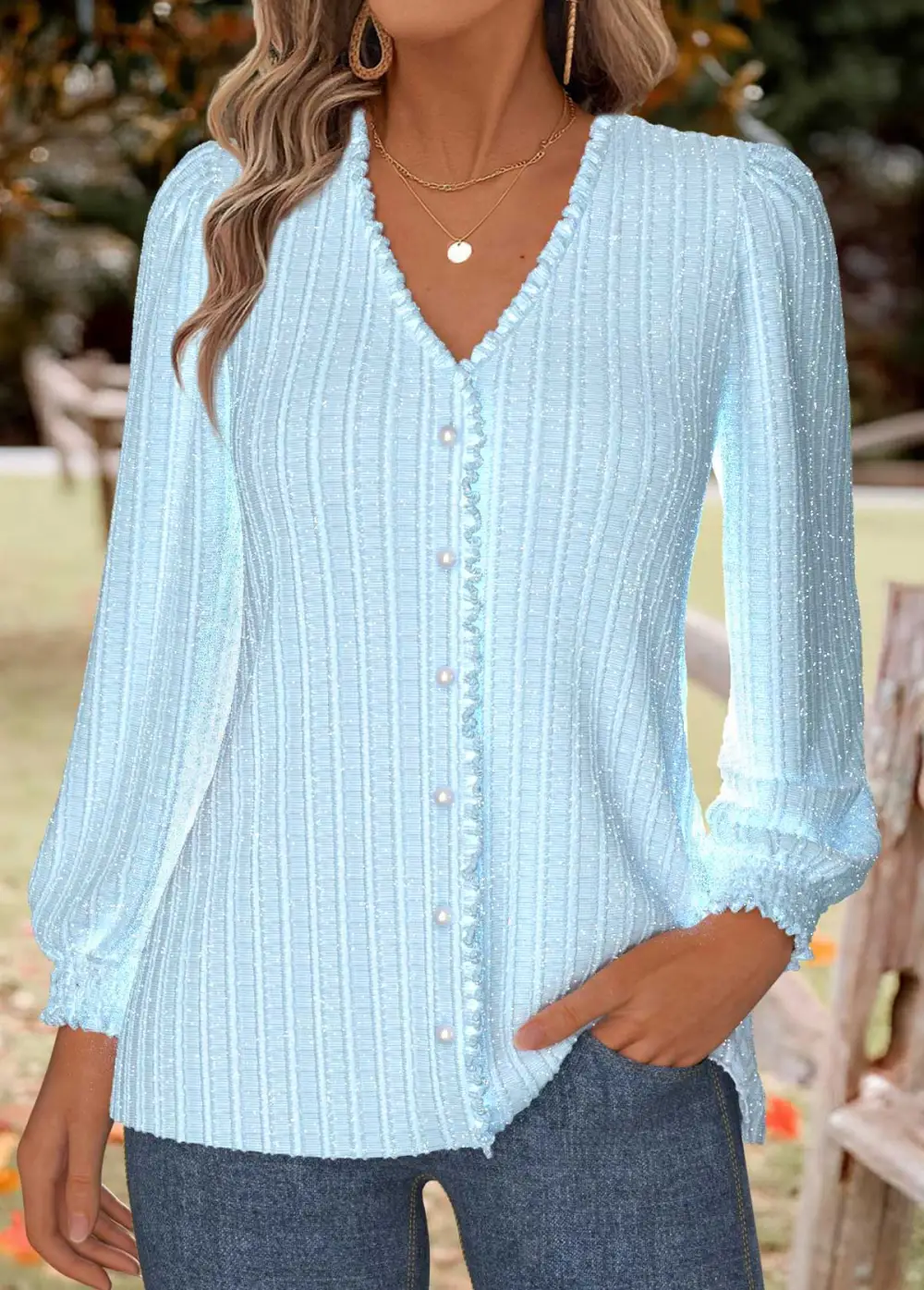Light Blue Tummy Coverage Long Sleeve V Neck Blouse
