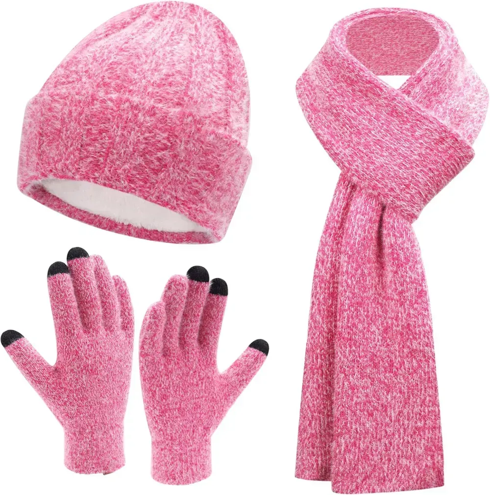 Womens Winter Warm Knit Beanie Hat Touchscreen Gloves Long Scarf Set with Fleece Lined Skull Caps Neck Scarves for Women Men