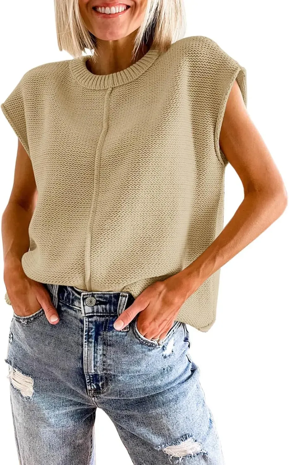 Saodimallsu Womens Summer Cap Sleeve Tops Casual Crew Neck Loose Fit Knit Lightweight Sweater Pullover Top