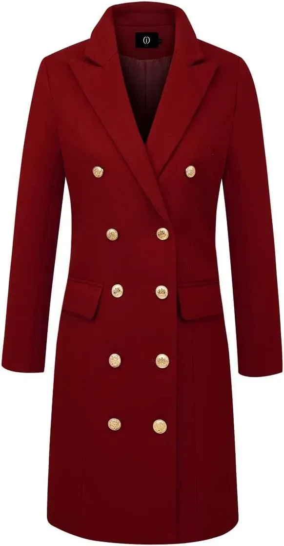 Womens Fall Winter Wool Coats Double Breasted Midi Peacoat Trench Coats