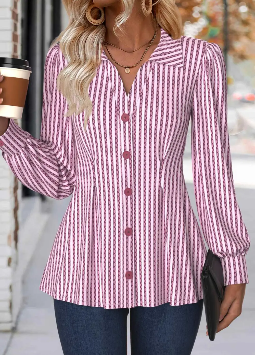 Light Pink Tummy Coverage Striped Long Sleeve Shirt
