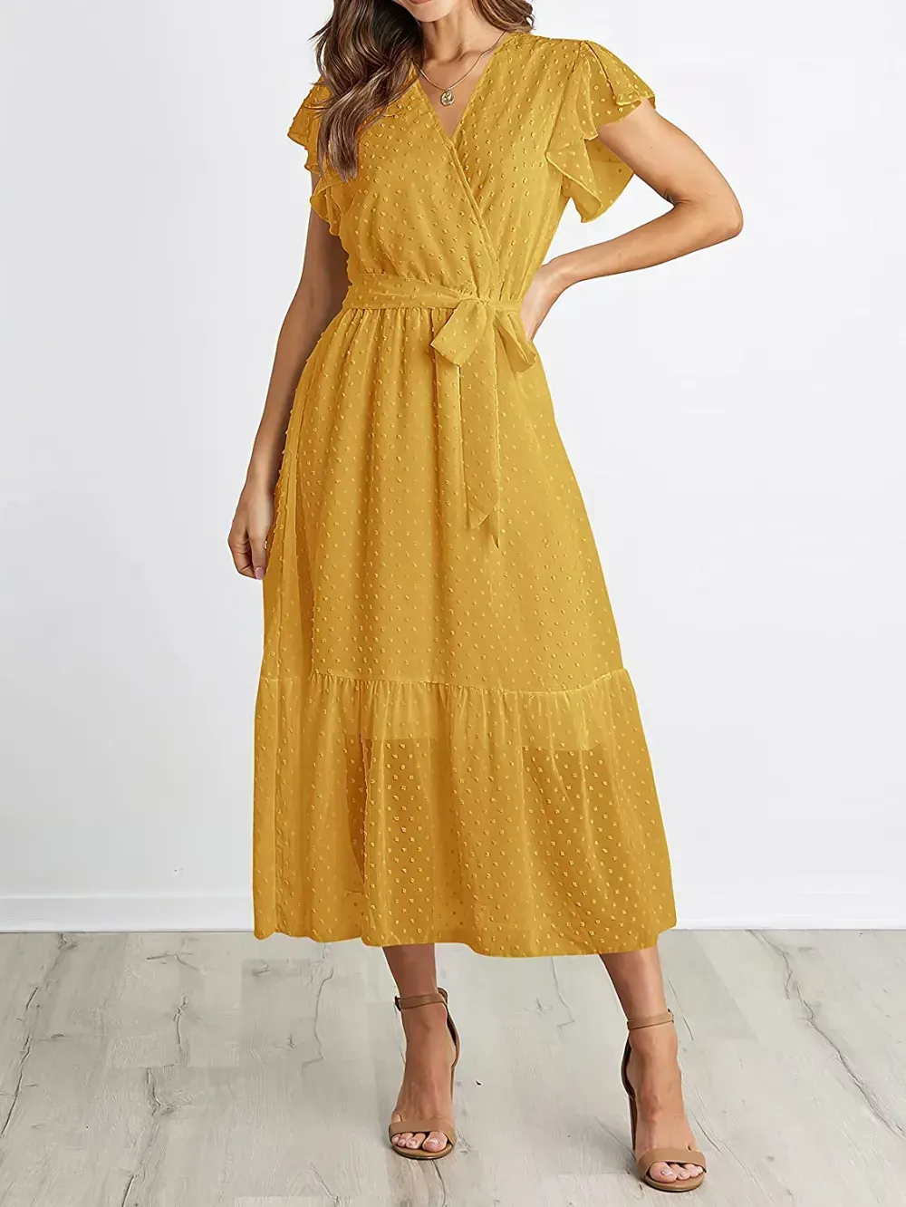 Women Summer Bohemian Floral Casual Wrap V Neck Ruffle Cap Sleeveless Belt A-Line Pleated Hem Swing Midi Sun Dress