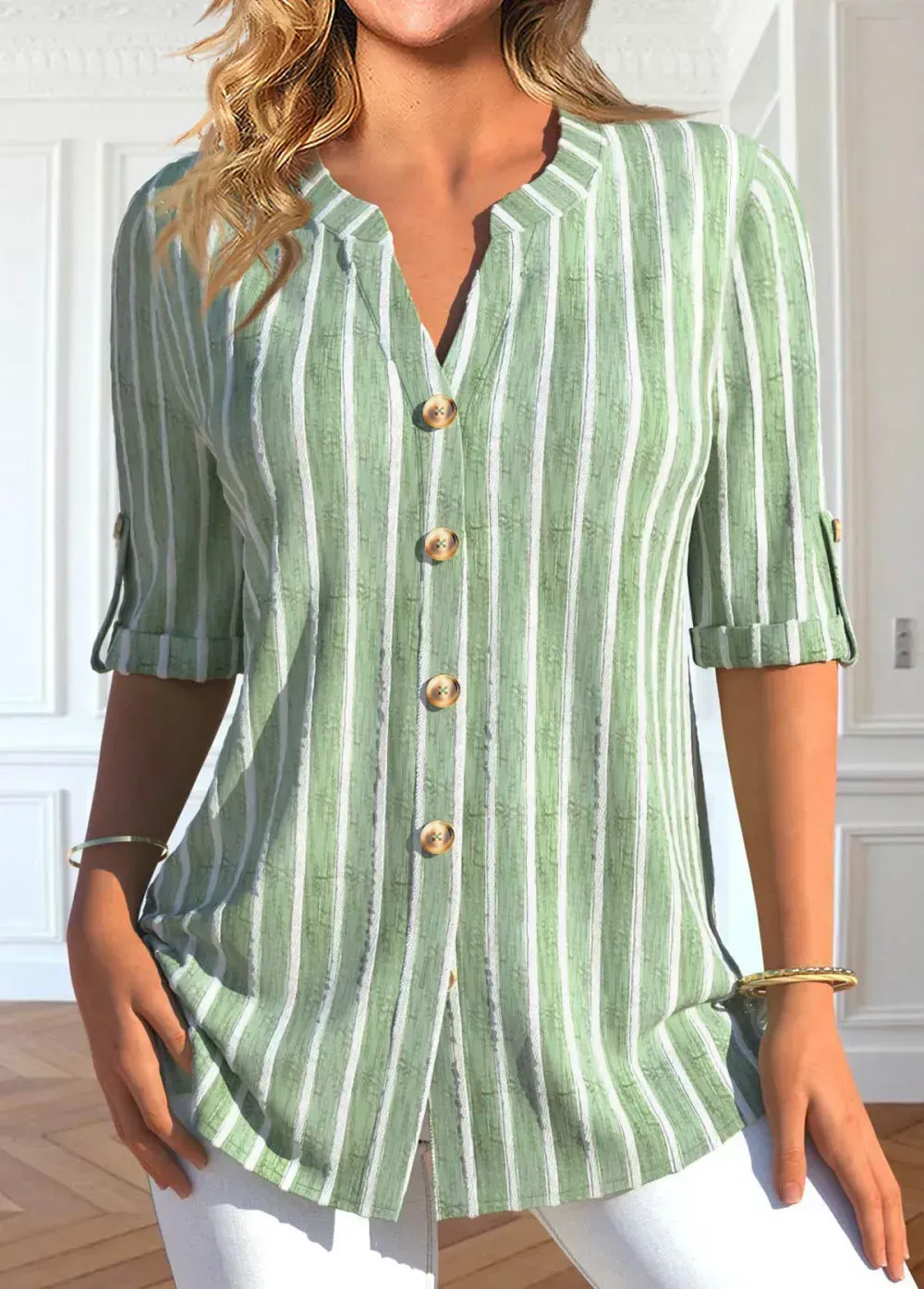 Light Green Button Striped Half Sleeve Blouse