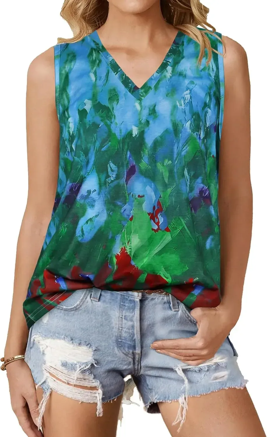 Summer Tops for Women Sleeveless V Neck Tshirt Loose Fit Casual Tank Tunic Blouse