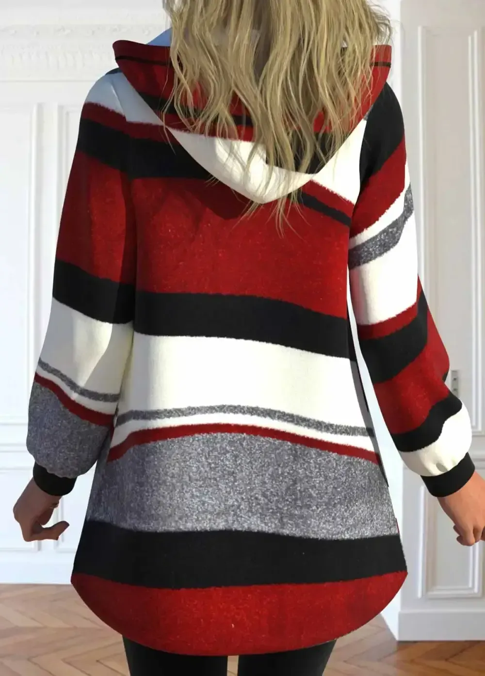 Wine Red Pocket Geometric Print Long Sleeve Hooded Coat