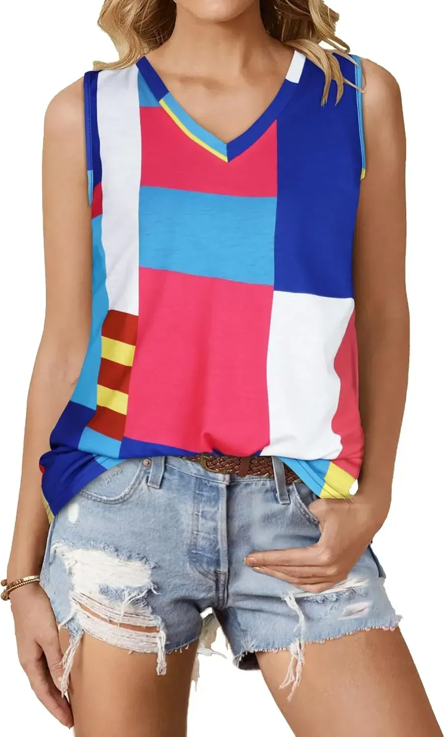 Summer Tops for Women Sleeveless V Neck Tshirt Loose Fit Casual Tank Tunic Blouse