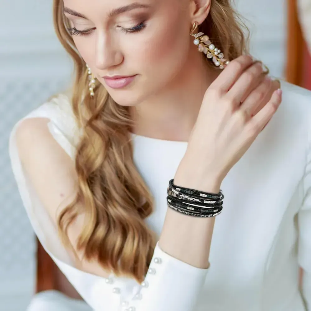 Fesciory Leather Wrap Bracelets for Women, Boho Leopard Multi-Layer Crystal Beads Cuff Bracelet Jewelry