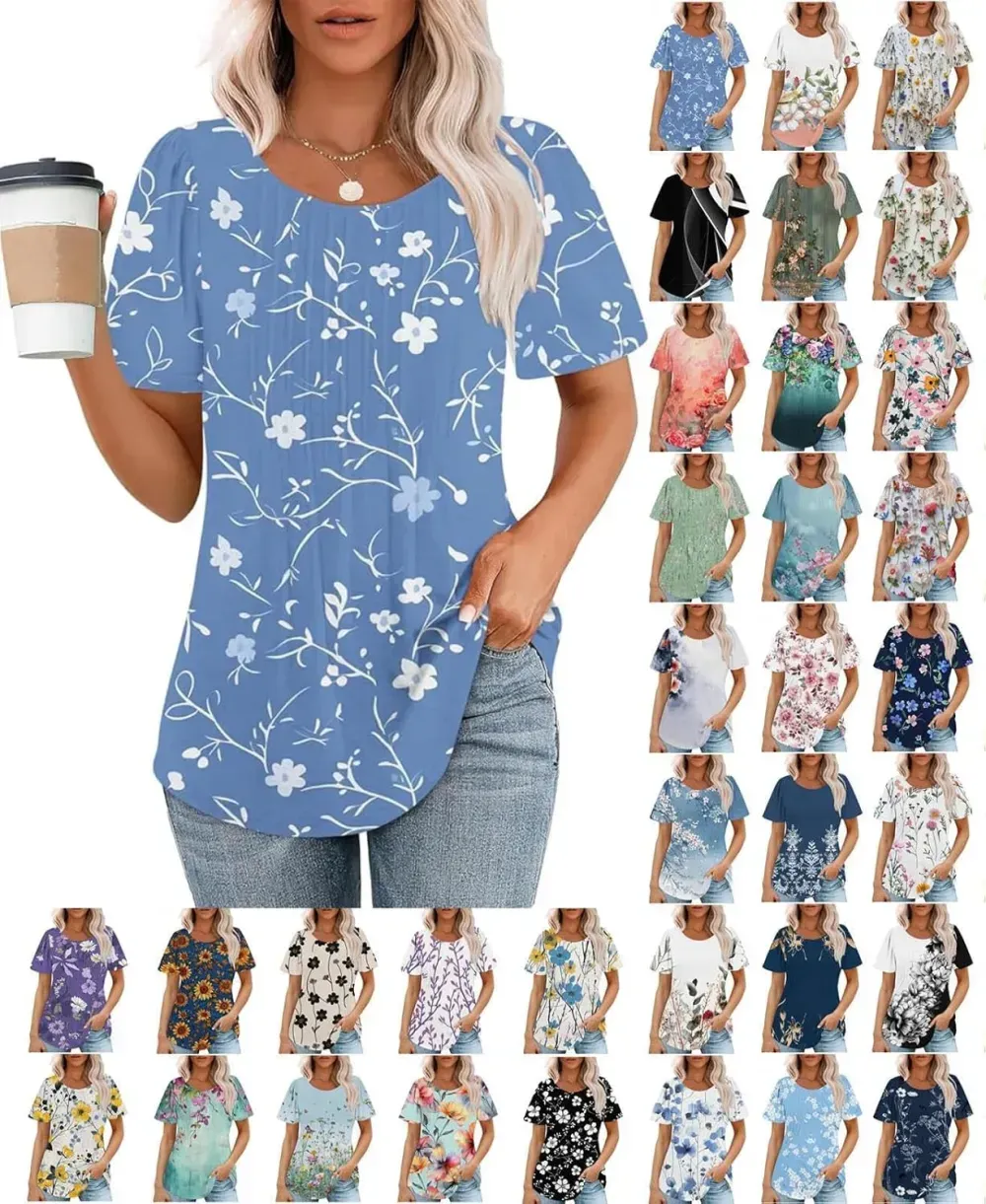 Womens Summer Pleated Front Shirts Tunics Casual Short Sleeved Loose Round Neck Boho Printed Tops Vacation Blouse