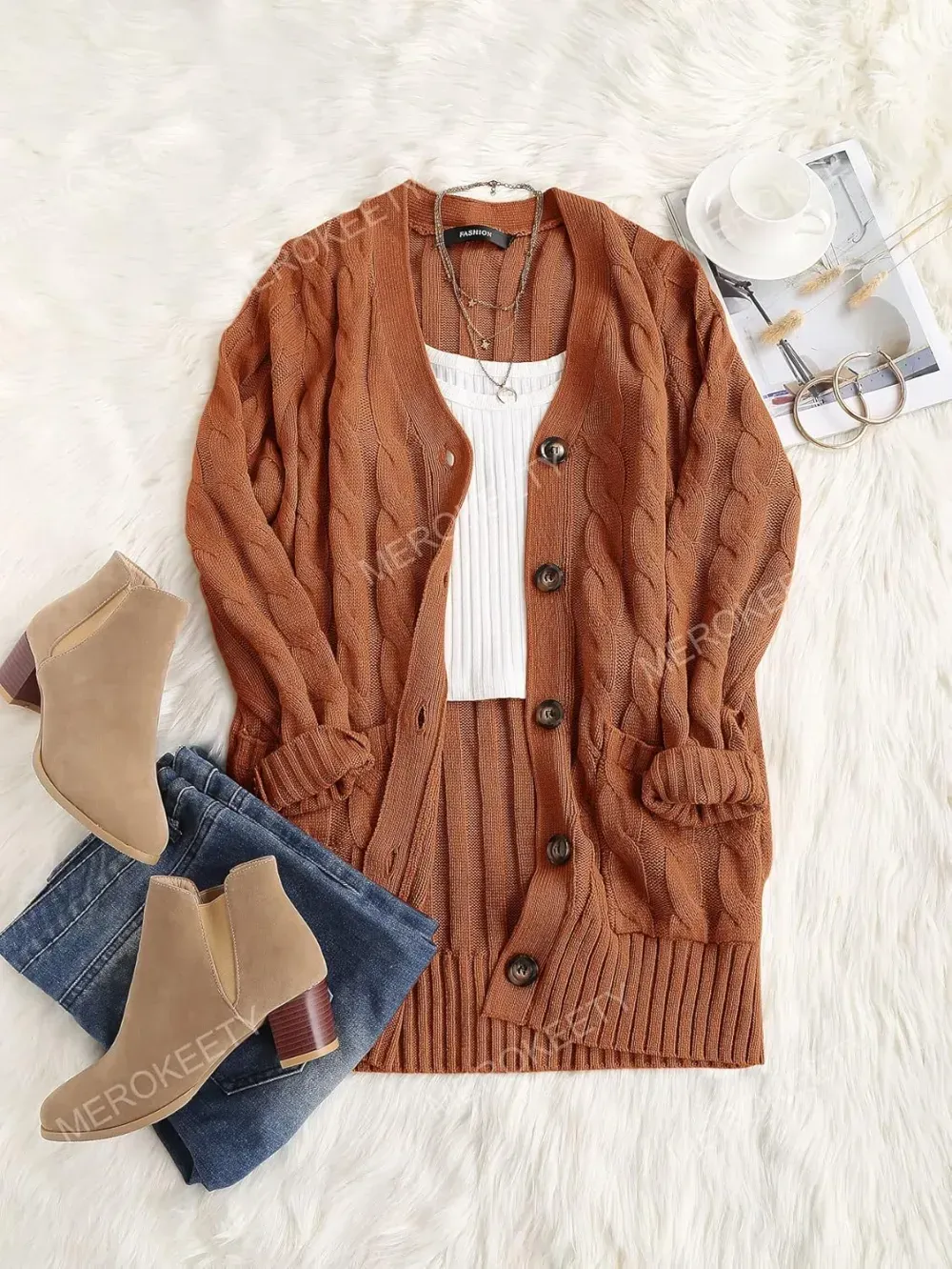 MEROKEETY Women's 2024 Fall Long Sleeve Cable Knit Sweater Open Front Cardigan Button Loose Outerwear