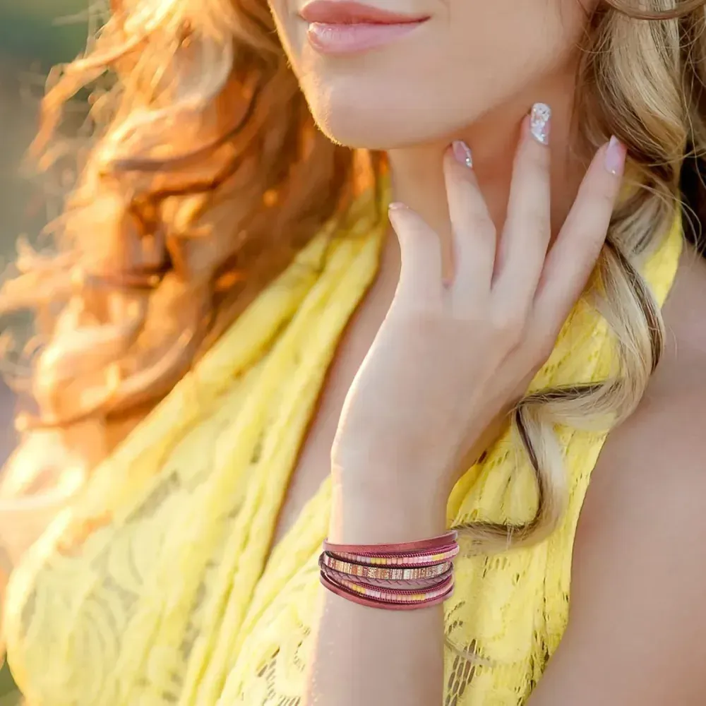 Fesciory Leather Wrap Bracelets for Women, Boho Leopard Multi-Layer Crystal Beads Cuff Bracelet Jewelry