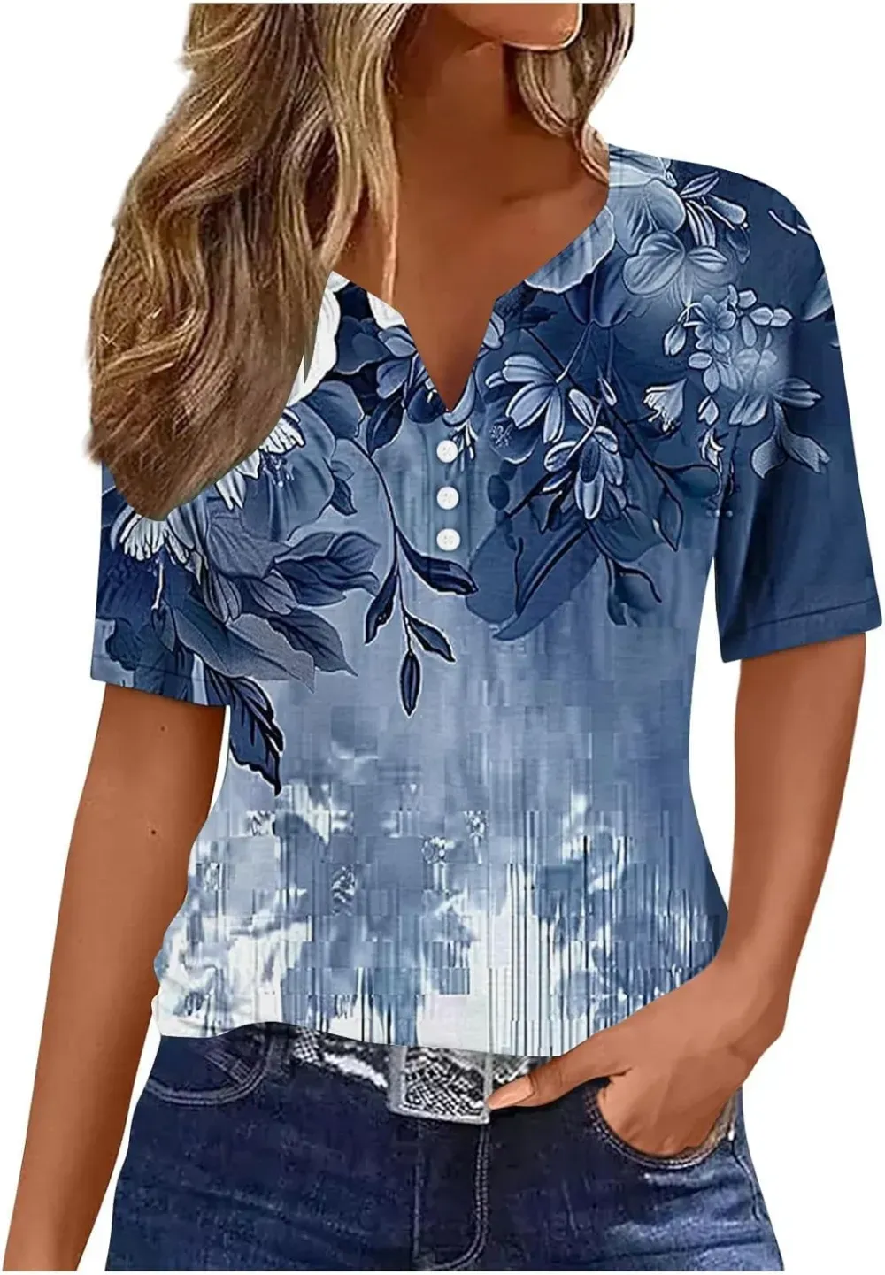 Shirts for Women Casual Printed Summer Tops Short-Sleeved Button V-Neck Tops Blouse Fashion Boho T-Shirts