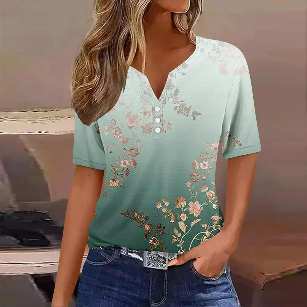 Shirts for Women Casual Printed Summer Tops Short-Sleeved Button V-Neck Tops Blouse Fashion Boho T-Shirts