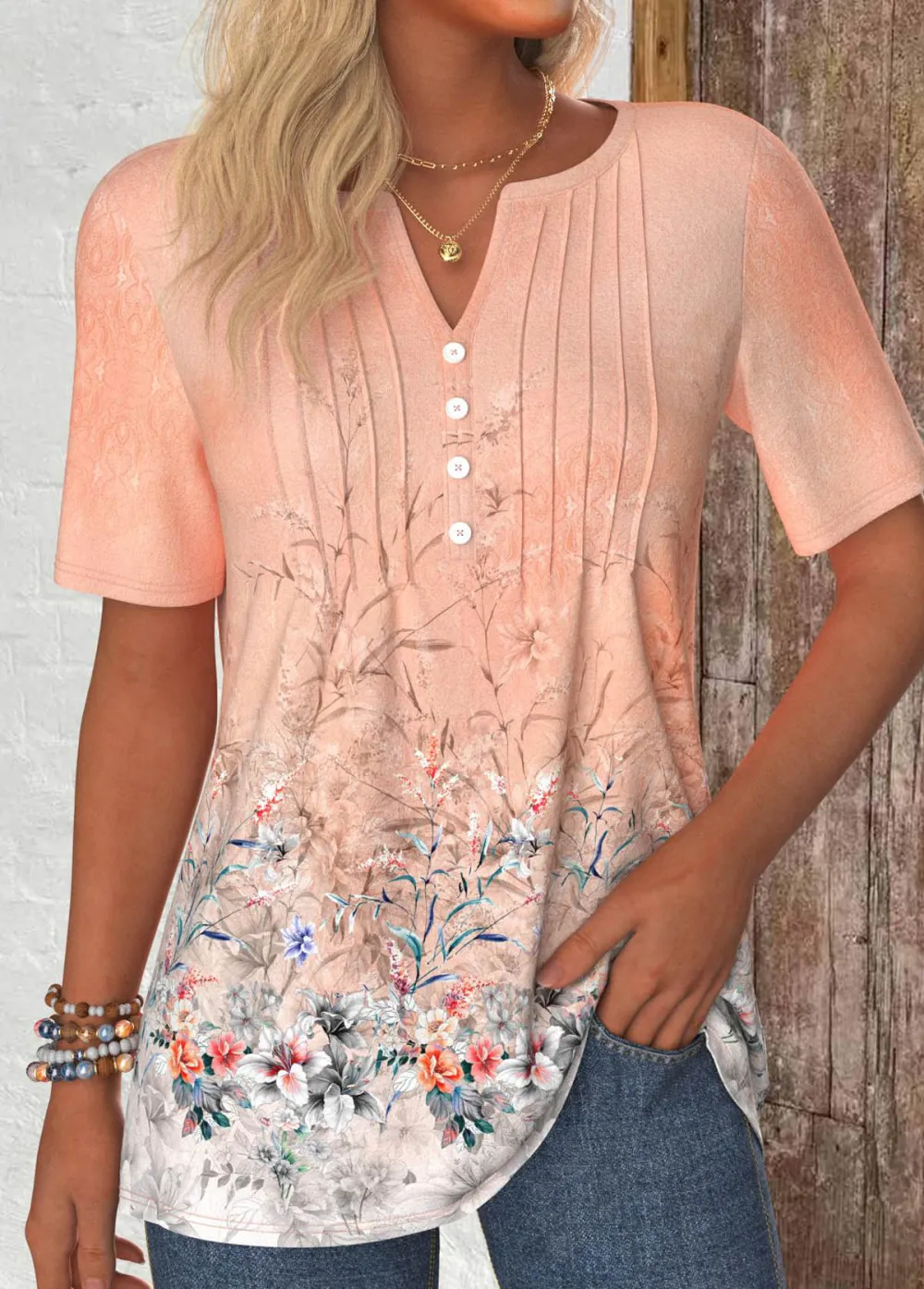Dusty Pink Button Floral Print Short Sleeve T Shirt
