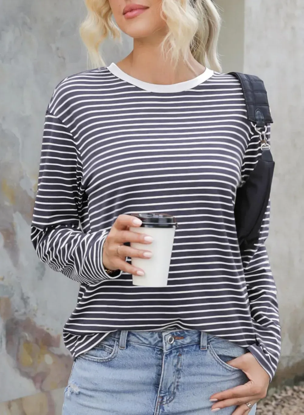 Dokotoo Women's Casual Striped Long Sleeve Tops Crew Neck Knit Ribbed Basic T Shirts