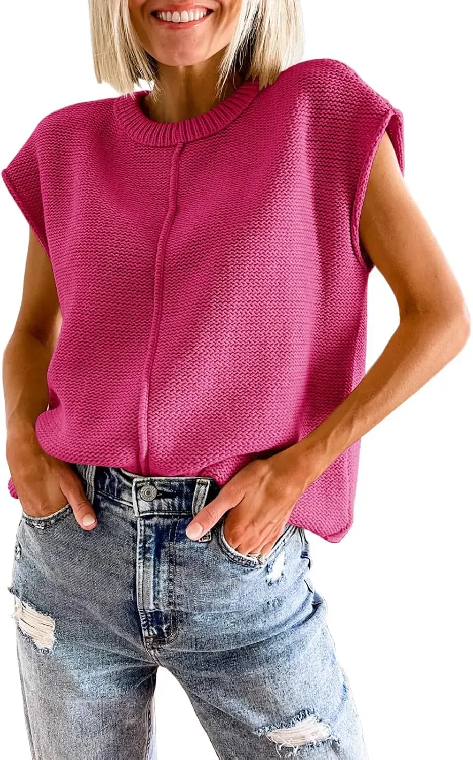 Saodimallsu Womens Summer Cap Sleeve Tops Casual Crew Neck Loose Fit Knit Lightweight Sweater Pullover Top