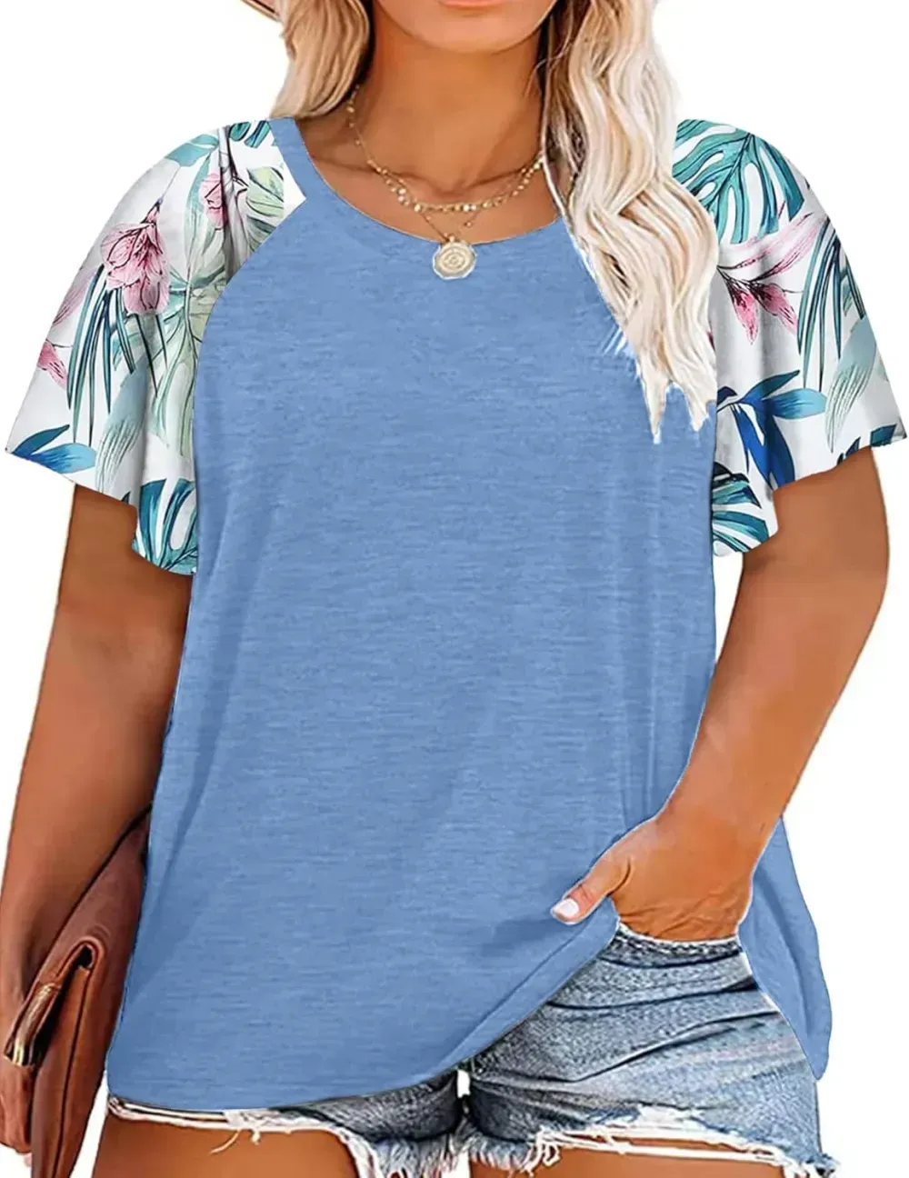 HDLTE Womens Plus Size Tops Floral Bell Sleeves Blouses Summer Crewneck Tunic Loose Casual T Shirts