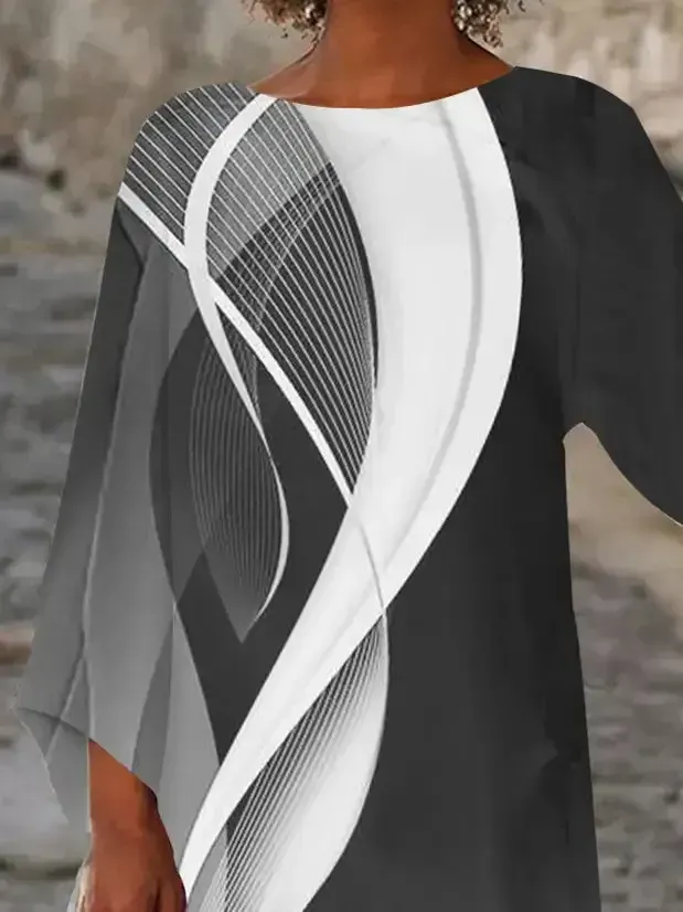 Women Asymmetrical 3/4 Sleeve Scoop Neck Striped Stitching Tops