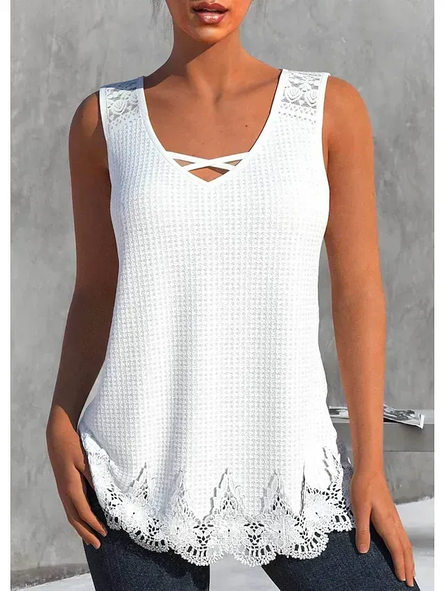 Women's Tank Top White Blue Plain Lace Sleeveless Casual Basic V Neck Regular S