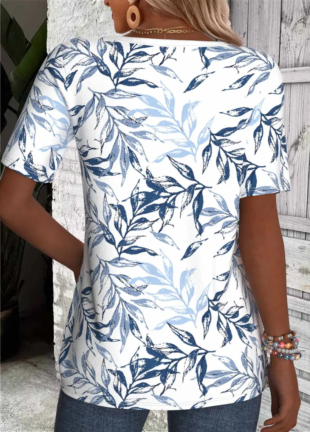 White Leaf Print T Shirt