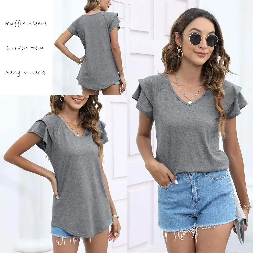 T&Twenties Womens Summer Tops Ruffle Short Sleeve Tunic Tops V Neck Loose Fit Flowy T-Shirts