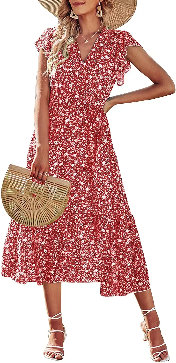 Women Summer Bohemian Floral Casual Wrap V Neck Ruffle Cap Sleeveless Belt A-Line Pleated Hem Swing Midi Sun Dress