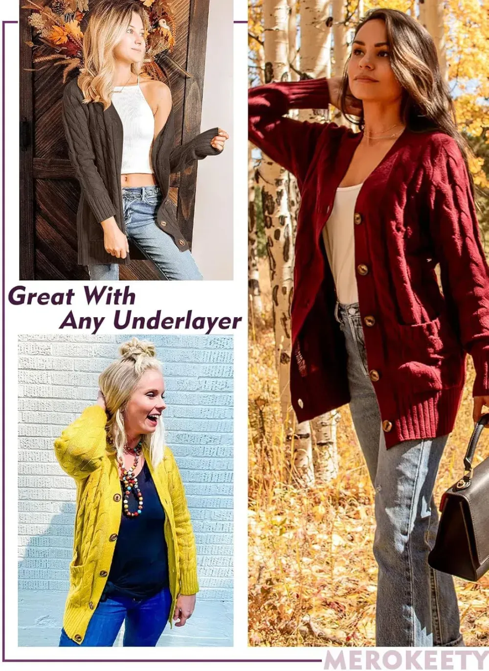 MEROKEETY Women's 2024 Fall Long Sleeve Cable Knit Sweater Open Front Cardigan Button Loose Outerwear