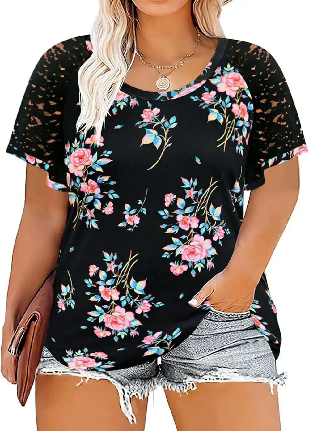 HDLTE Womens Plus Size Tops Floral Bell Sleeves Blouses Summer Crewneck Tunic Loose Casual T Shirts