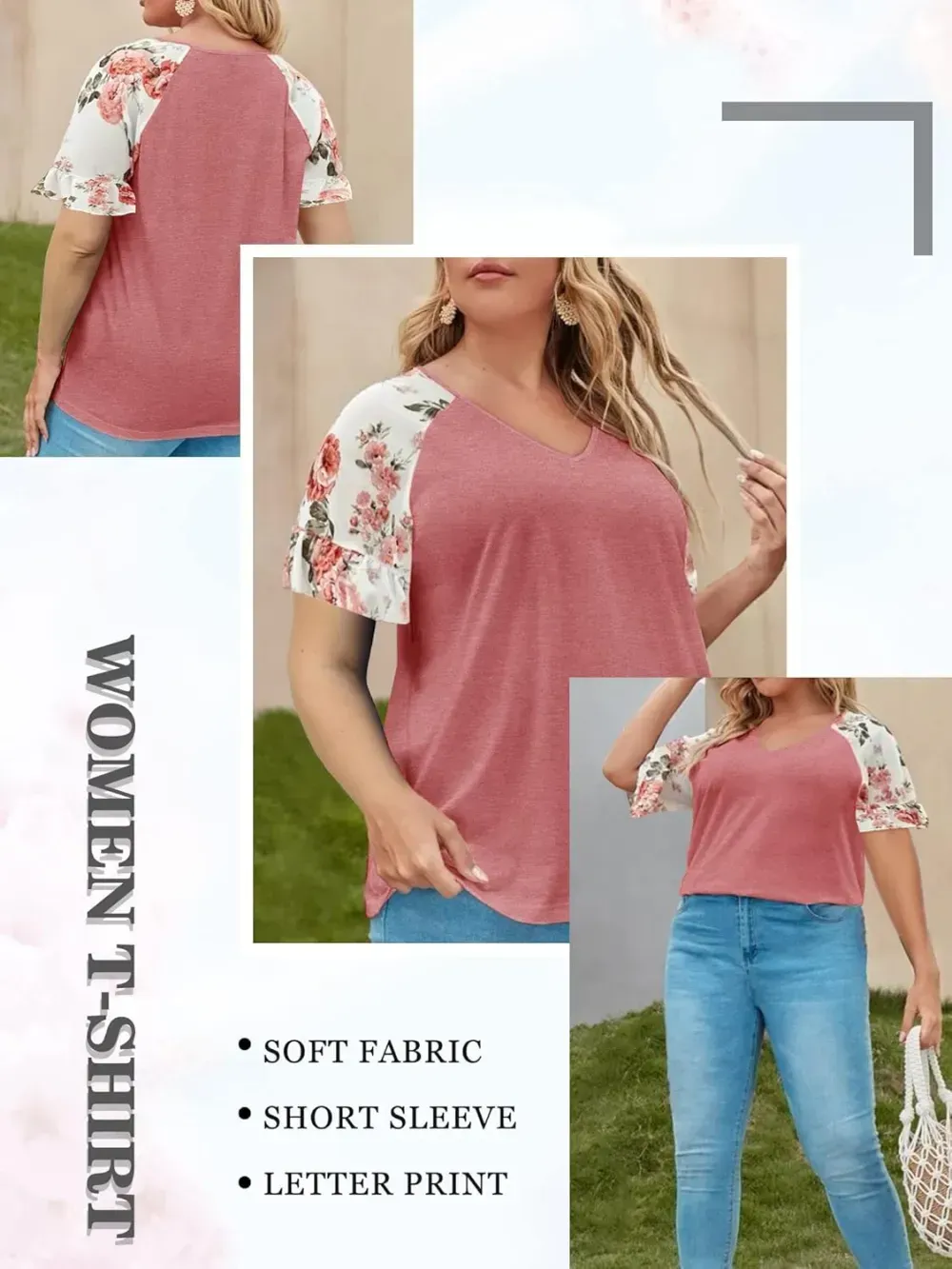 HDLTE Womens Plus Size Tops Floral Bell Sleeves Blouses Summer Crewneck Tunic Loose Casual T Shirts