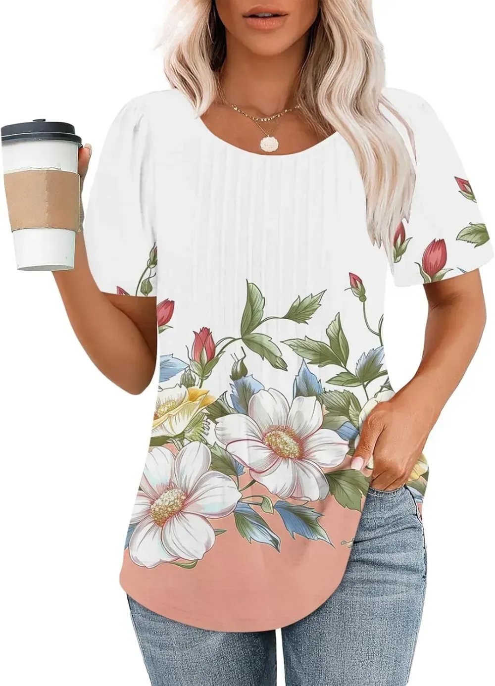 Womens Summer Pleated Front Shirts Tunics Casual Short Sleeved Loose Round Neck Boho Printed Tops Vacation Blouse