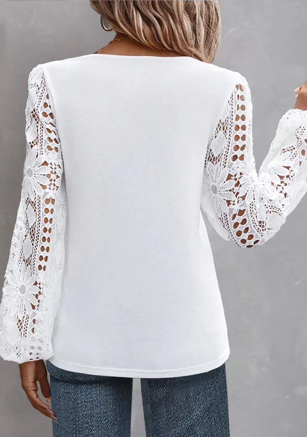 White Lace Long Sleeve Asymmetrical Neck Blouse