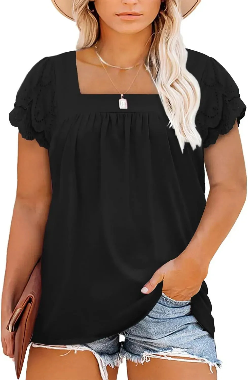 Eytino Womens Plus Size Tops Ruffle Short Sleeve Square Neck Summer Loose Casual Tee Shirts(1X-5X)