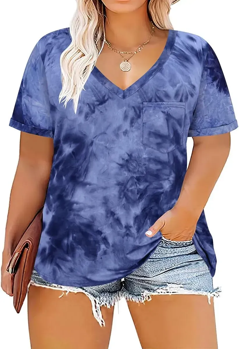 TIYOMI Plus Size Tops for Women Short Sleeve Color Block Raglan Sexy V Neck Shirts Tunic Spring Summer XL-5XL 14W-28W