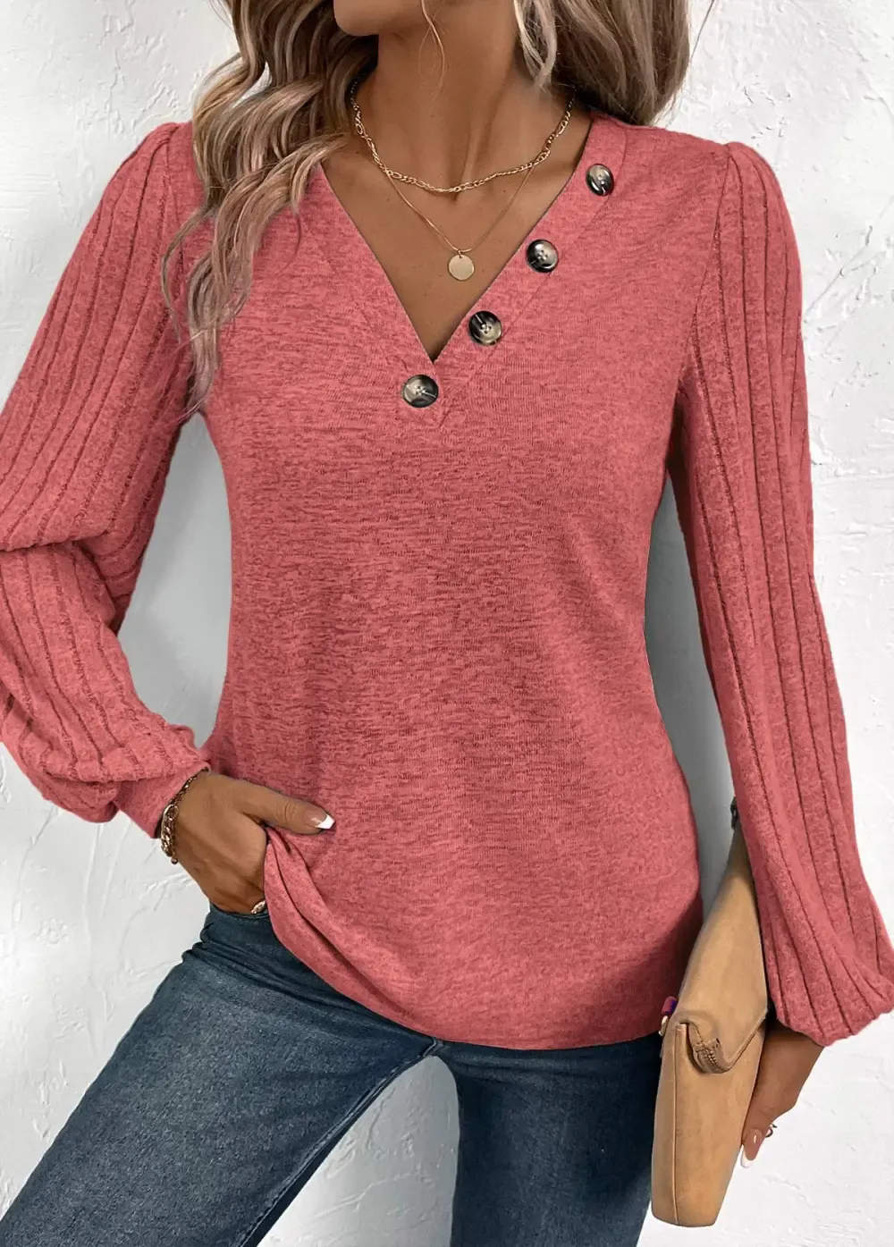 Dusty Pink Patchwork Long Sleeve V Neck Sweatshirt