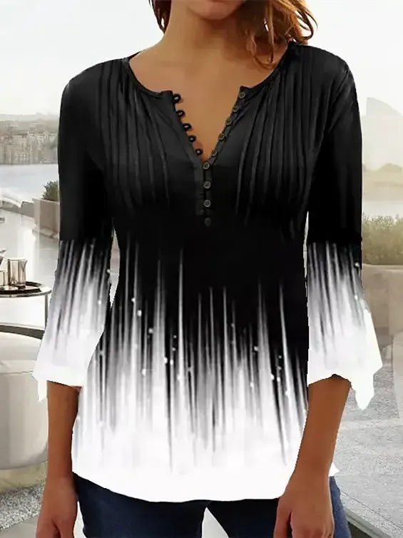 Women Long Sleeve V-neck Gradient Tops