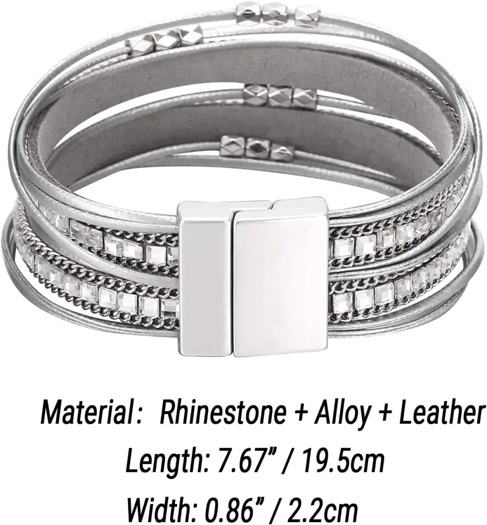 Fesciory Leather Wrap Bracelets for Women, Boho Leopard Multi-Layer Crystal Beads Cuff Bracelet Jewelry